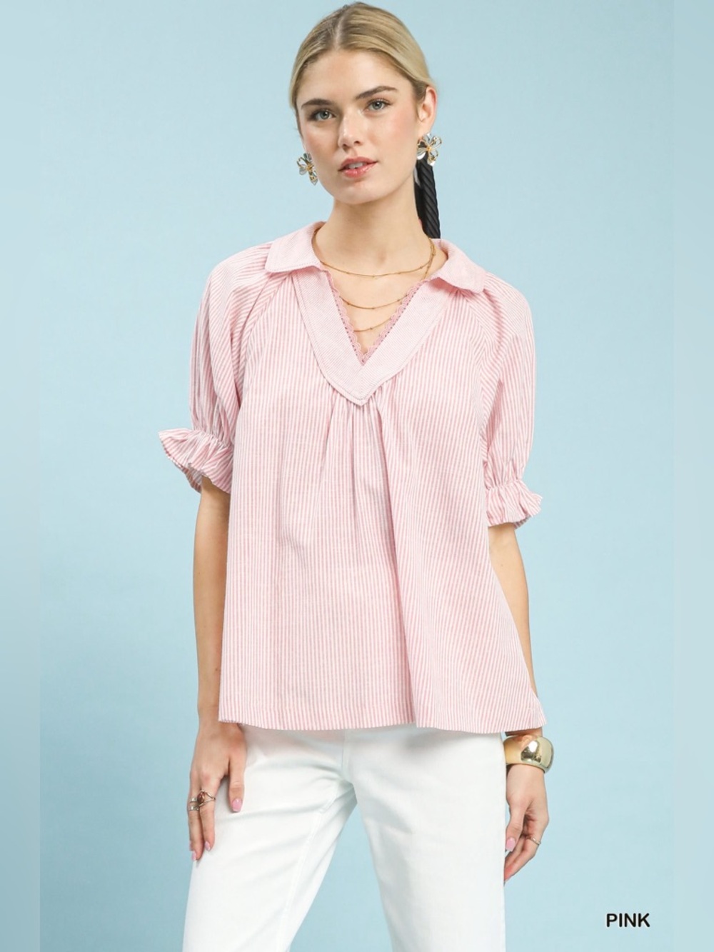 Umgee Pinstripe V-Neck Ruffle Sleeve Blouse🛍️